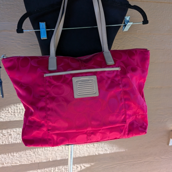 Stylish Hot Pink Coach Nylon Tote with Yellow Interior and Tan Leather Handles - Picture 1 of 7